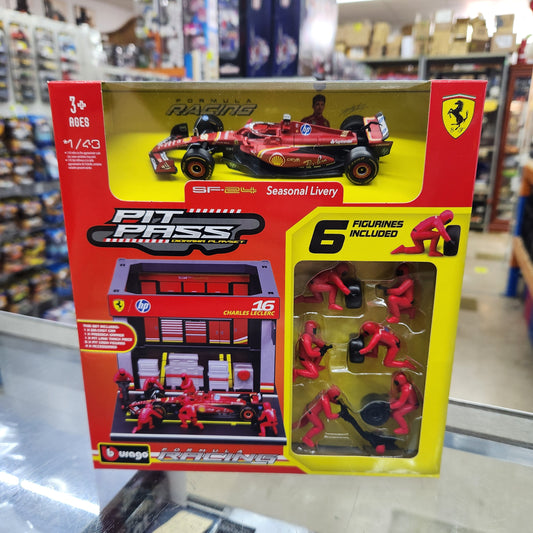 Bburago - 2024 Ferrari F1 SF-24 Pit Pass Playset - #16 Charles Leclerc - 1:43 Scale