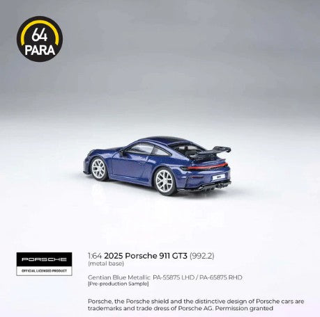 Para64 - 2025 Porsche 911 GT3 (992.2) Gentian Blue Metallic - 1:64 Scale