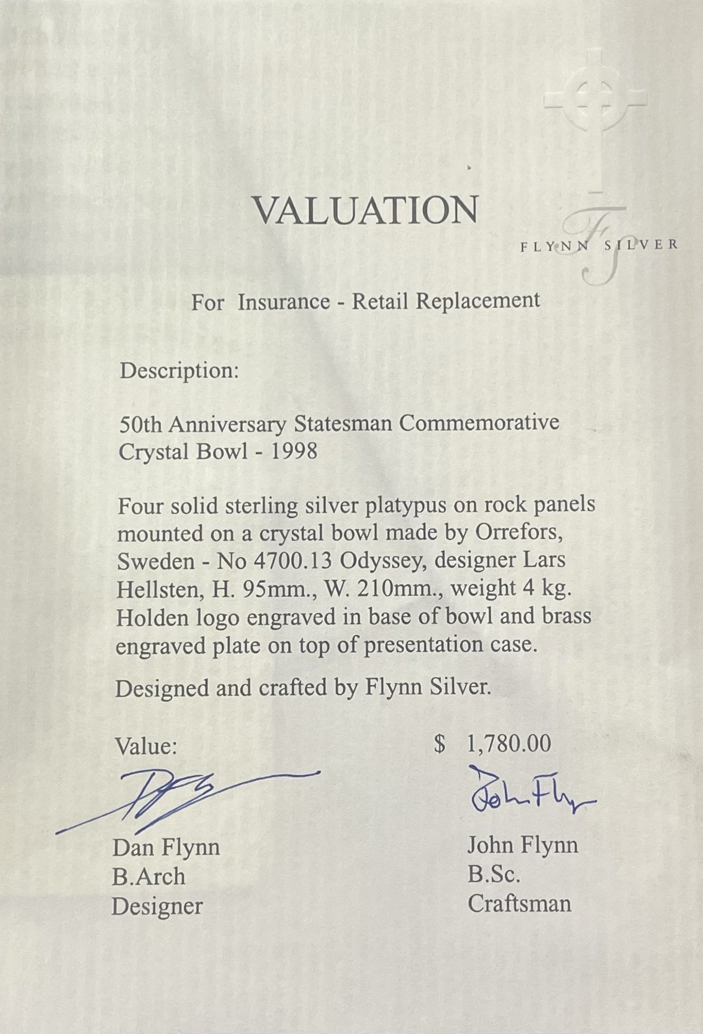 Orrefors Crystal & Sterling Silver Bowl for Holden 1998 Statement Anniversary Edition Car - 21cm