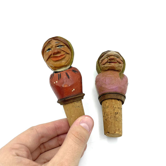 Pair of Vintage Black Forest Hand Carved Wood Cork Stoppers - 10cm