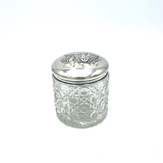 Antique 1905 Edwardian Cherubs Hallmarked Sterling Silver Glass Jar - 8cm