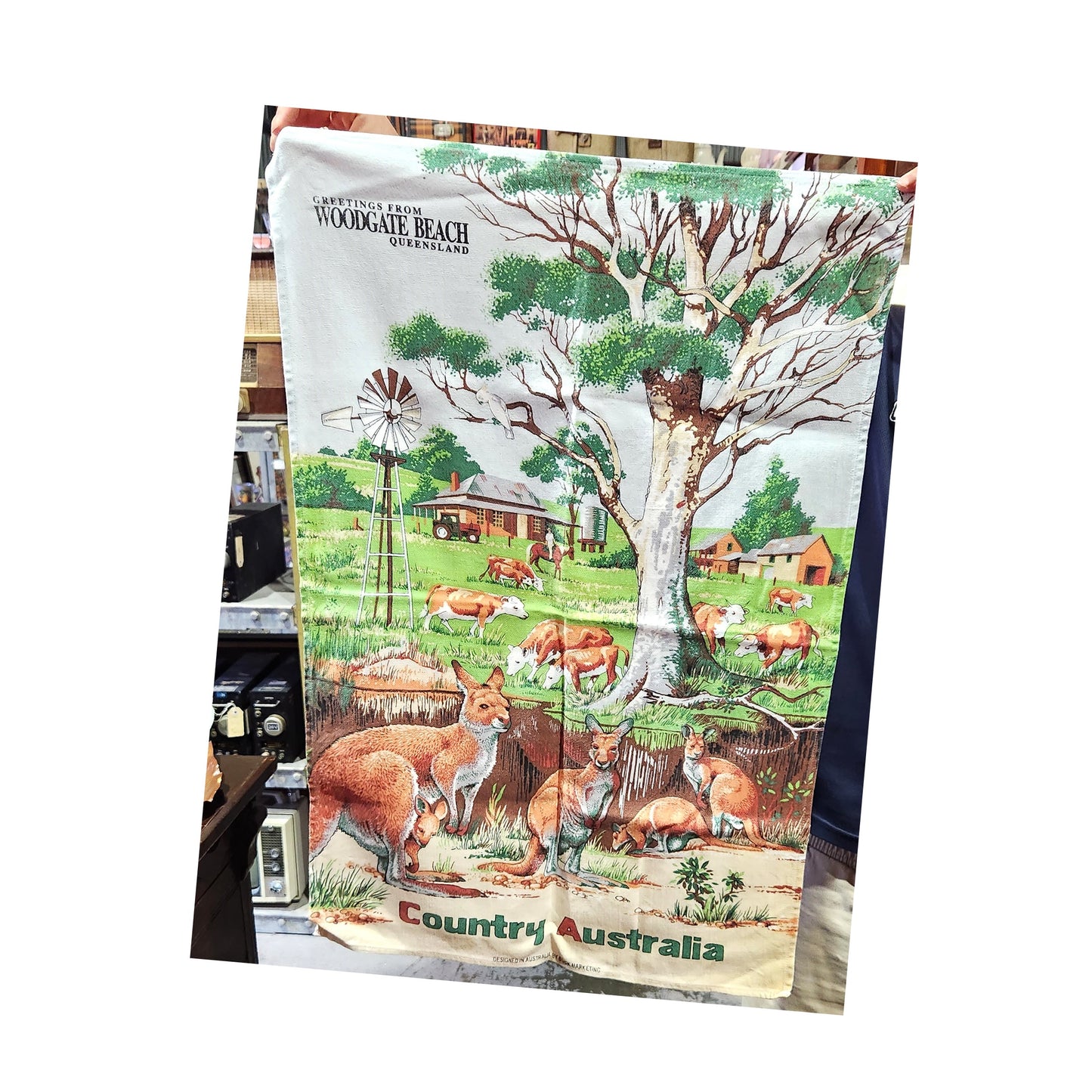 Tea Towel - 'Greetings from Woodgate Beach County Australia - 70cm