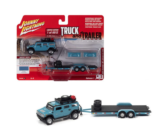 Johnny Lightning - 2021 Truck and Trailer R1 - 2004 Hummer withTrailer (Ocean Blue)