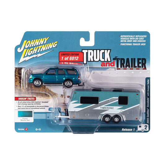 Johnny Lightning - 2021 Truck and Trailer R1 - 2005 Cadillac Escalade with Camper (Teal)