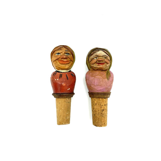 Pair of Vintage Black Forest Hand Carved Wood Cork Stoppers - 10cm