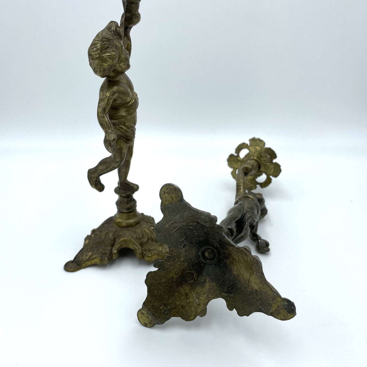 Italian Brass Cherub Candle Holder Pair - 25cm