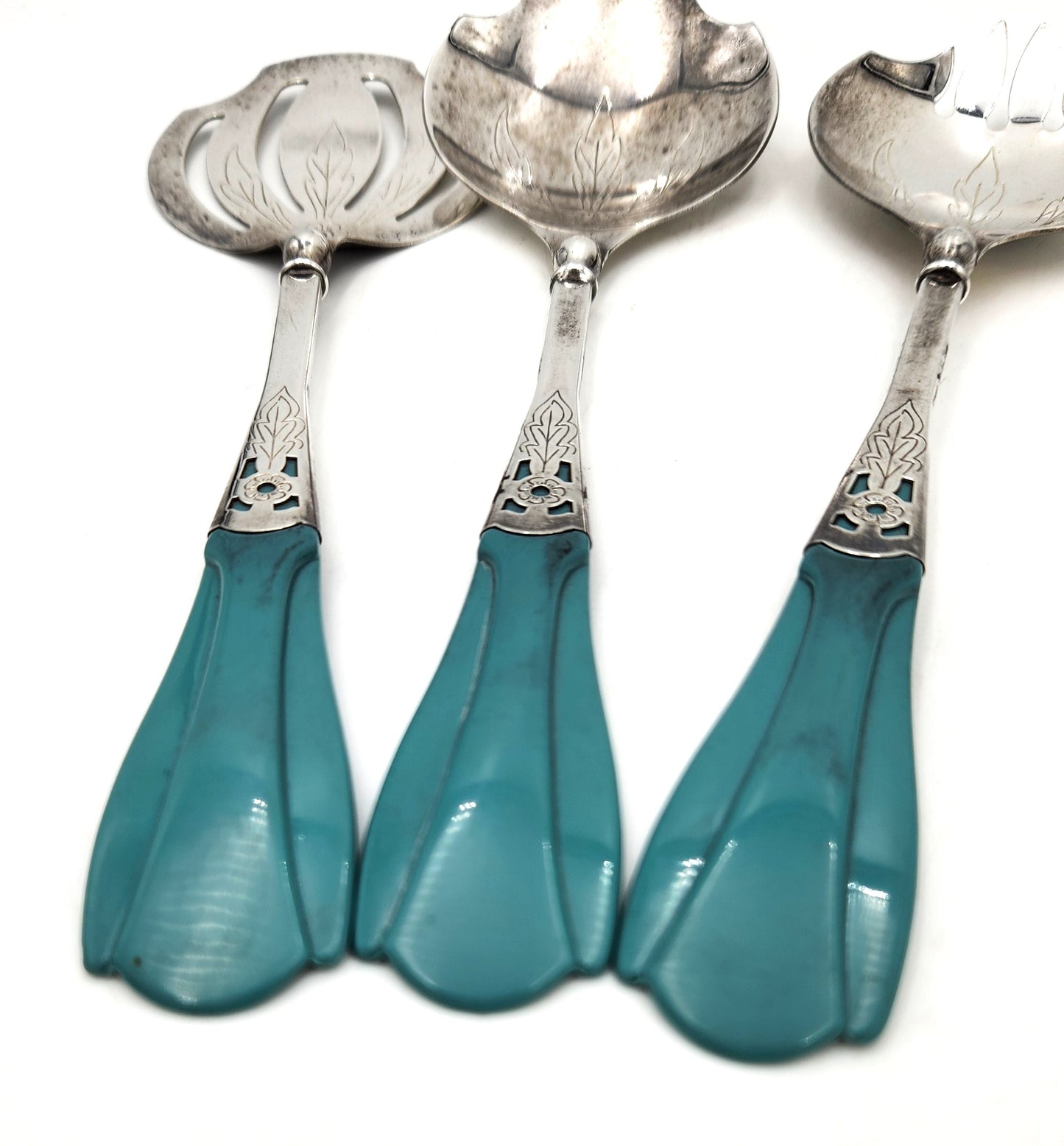 Set of 3 EPNS Blue Plastic Handled Silver Plated Salad Servers - 23cm