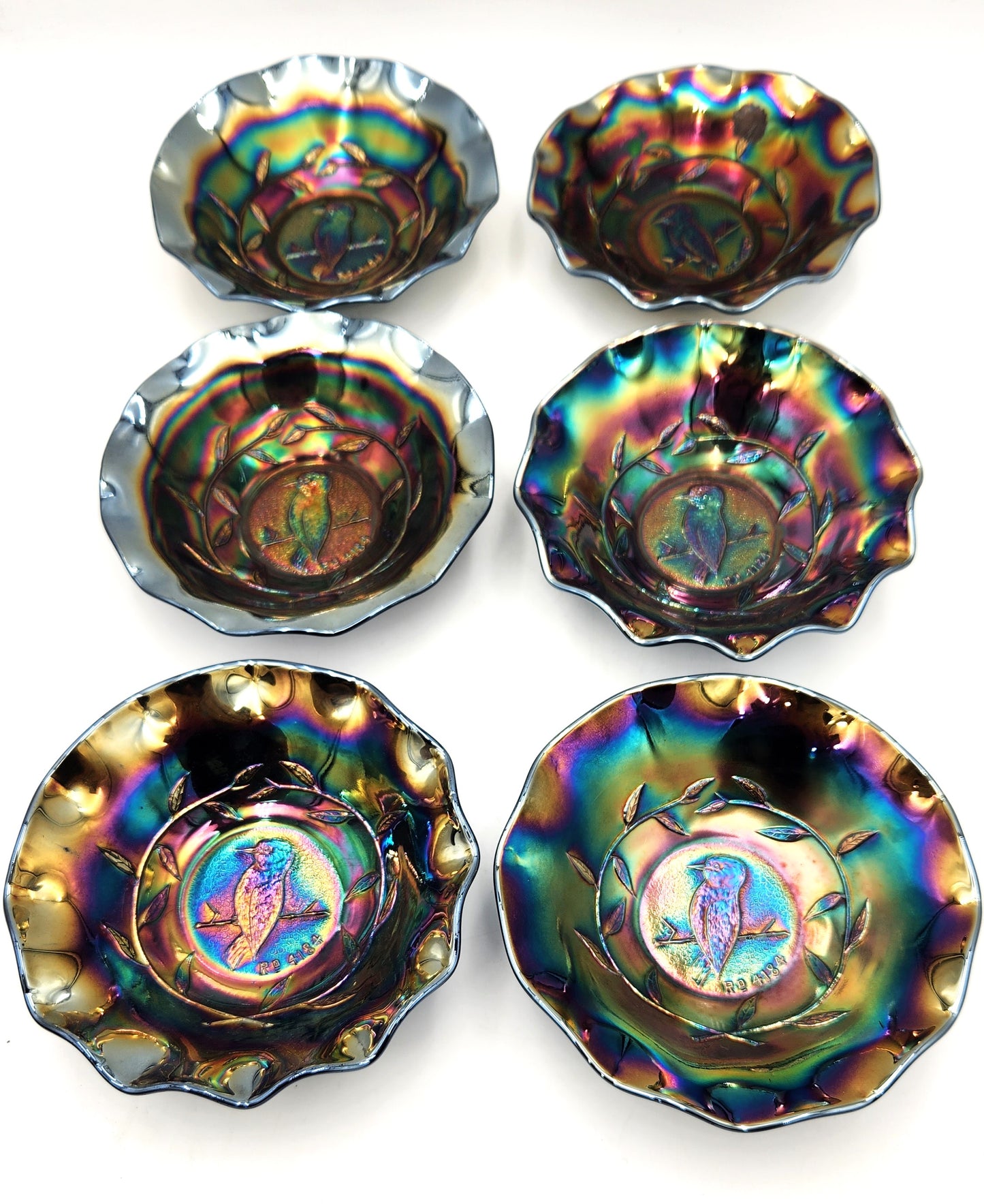 Australian Carnival Glass Dark Kingfisher - 7 Pce Bowl Set (R.D 4184)