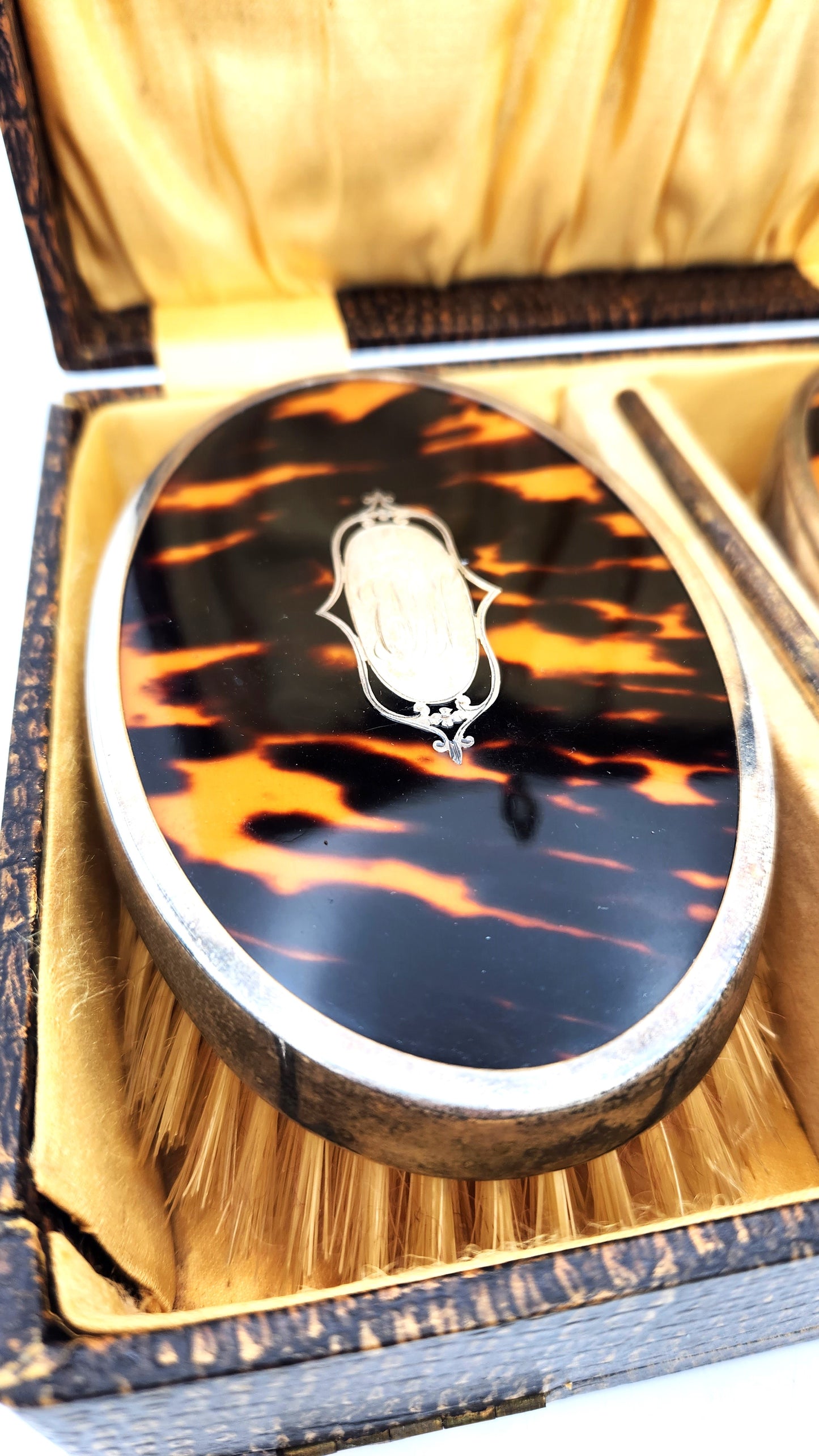 Vintage Tortoise Shell & Sterling Silver Brush and Comb Set in Box