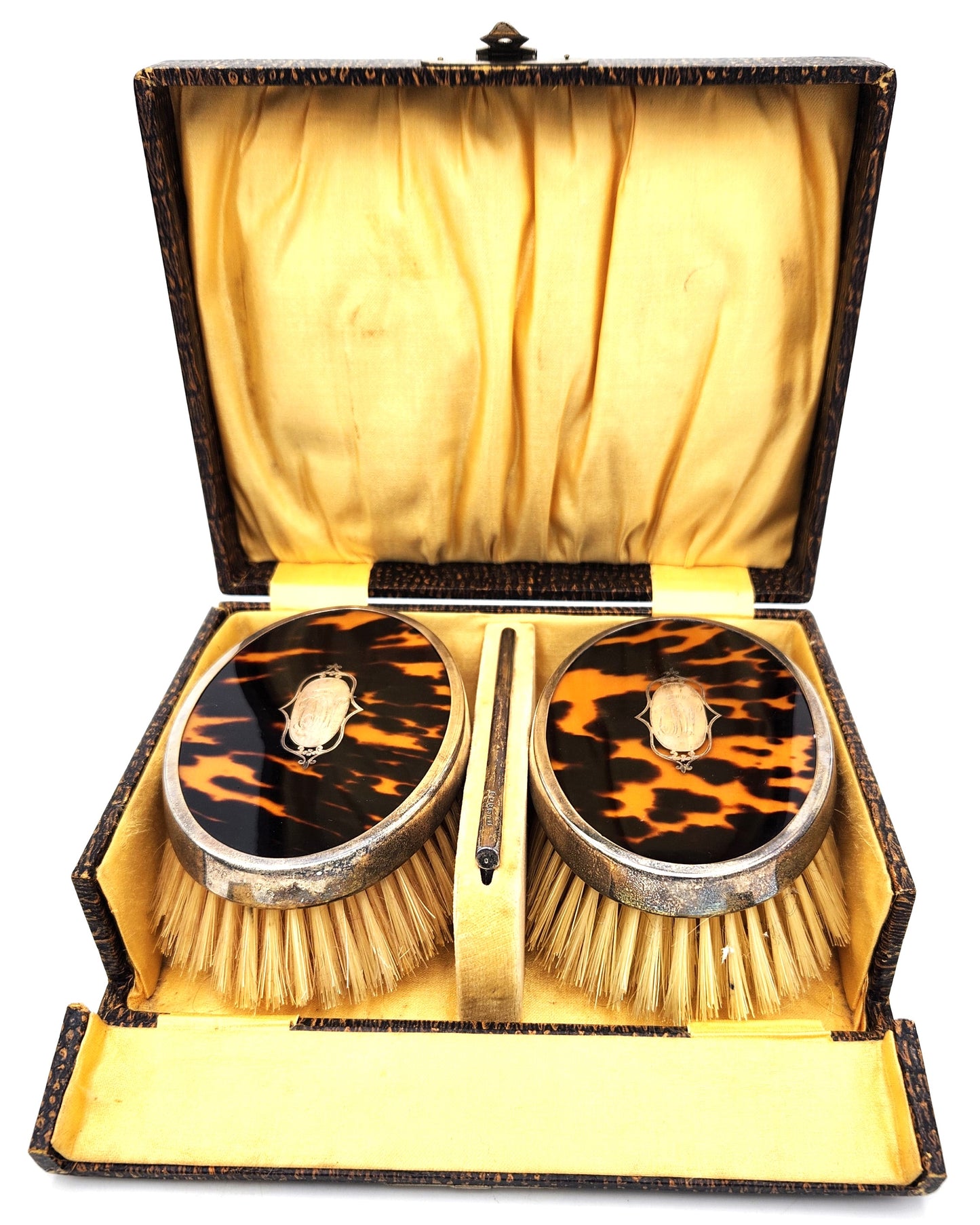 Vintage Tortoise Shell & Sterling Silver Brush and Comb Set in Box