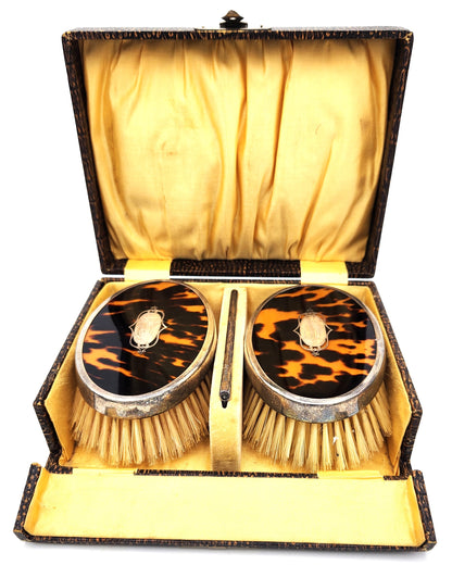 Vintage Tortoise Shell & Sterling Silver Brush and Comb Set in Box