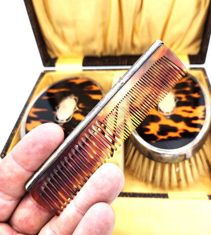 Vintage Tortoise Shell & Sterling Silver Brush and Comb Set in Box