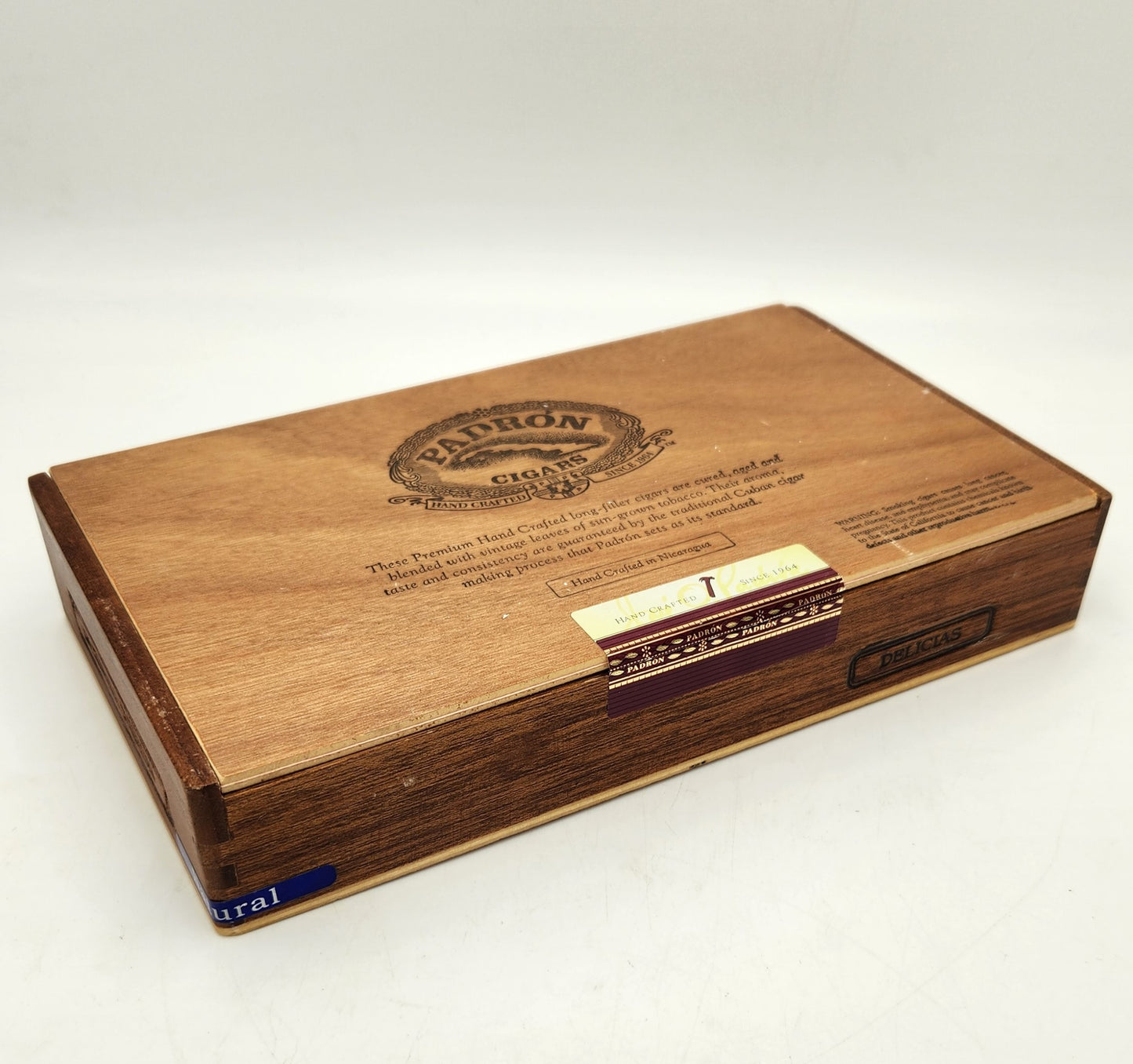 Timber Cigar Box 'Padron Cigars' - Natural (Blue Sticker) - 23cm x 14cm