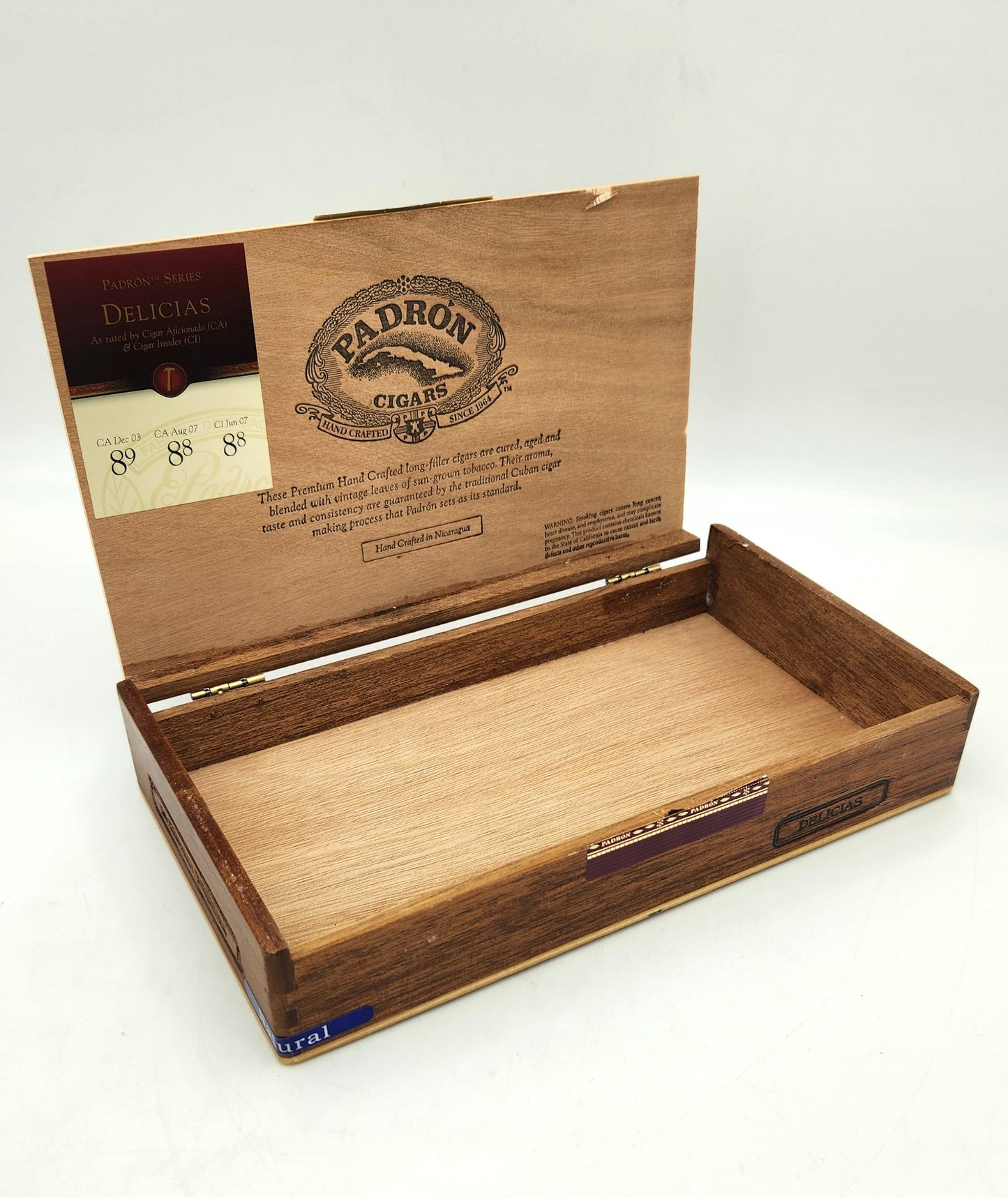 Timber Cigar Box 'Padron Cigars' - Natural (Blue Sticker) - 23cm x 14cm