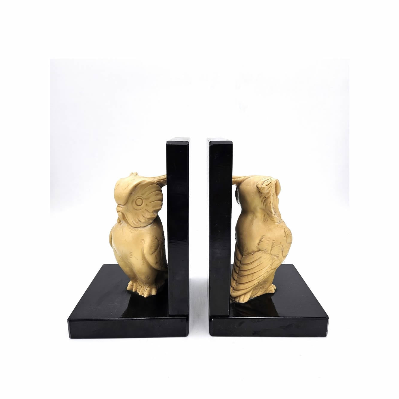 Rare Black Marble & Alabaster Deco Owl Bookends - 14.5cm