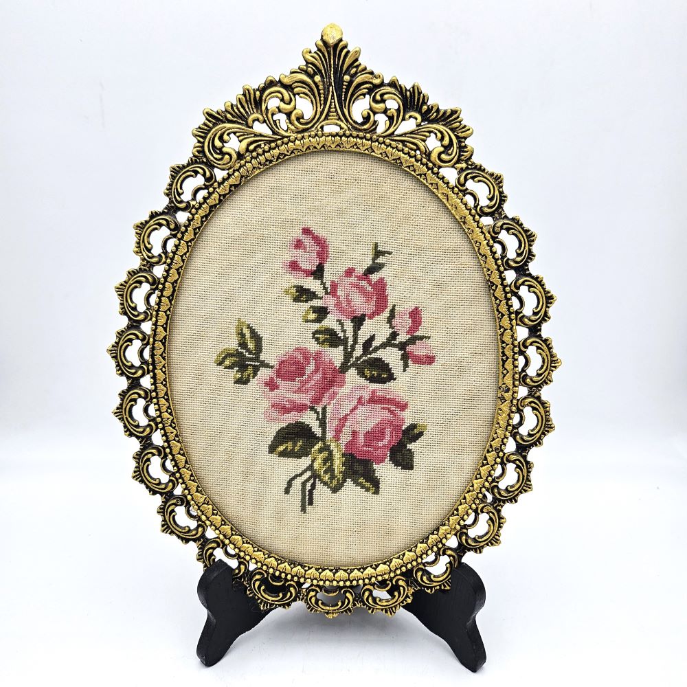 Framed Floral Tapestry behind Glass - 28cm