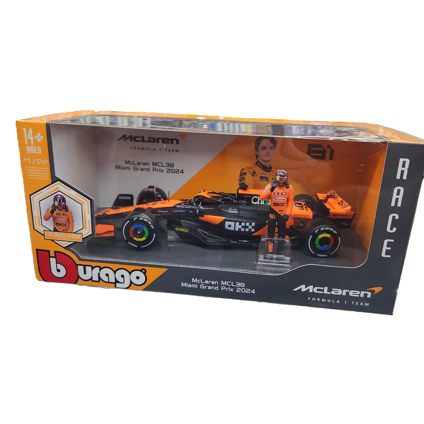 Bburago - 2024 McLaren F1 MCL38 - With #81 Oscar Piastri Figurine - 1:24 Scale
