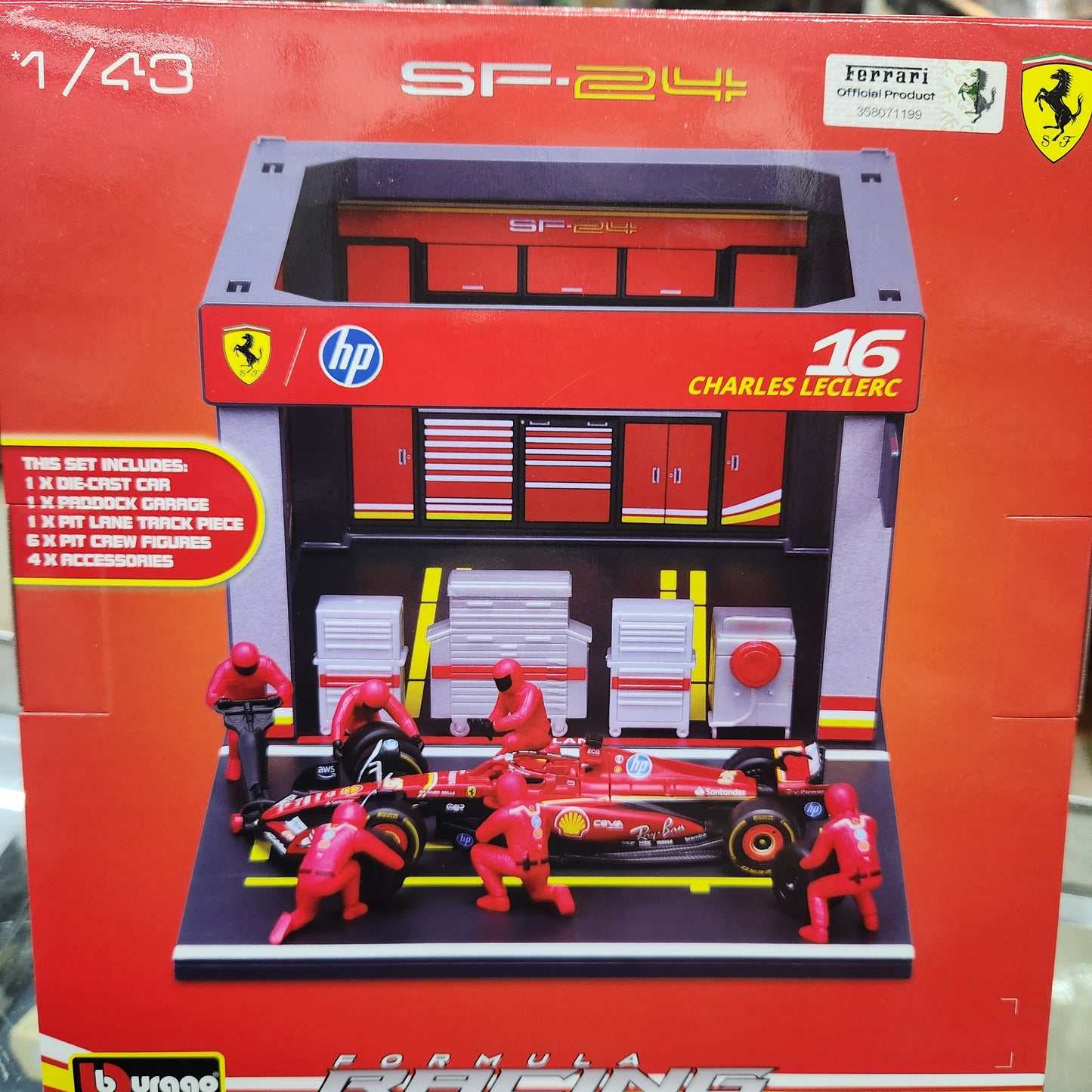 Bburago - 2024 Ferrari F1 SF-24 Pit Pass Playset - #16 Charles Leclerc - 1:43 Scale