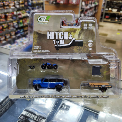 Greenlight - 'Hitch & Tow' Series 32 - 2021 Ford Bronco Black Diamond (Blue) with Utility Trailer