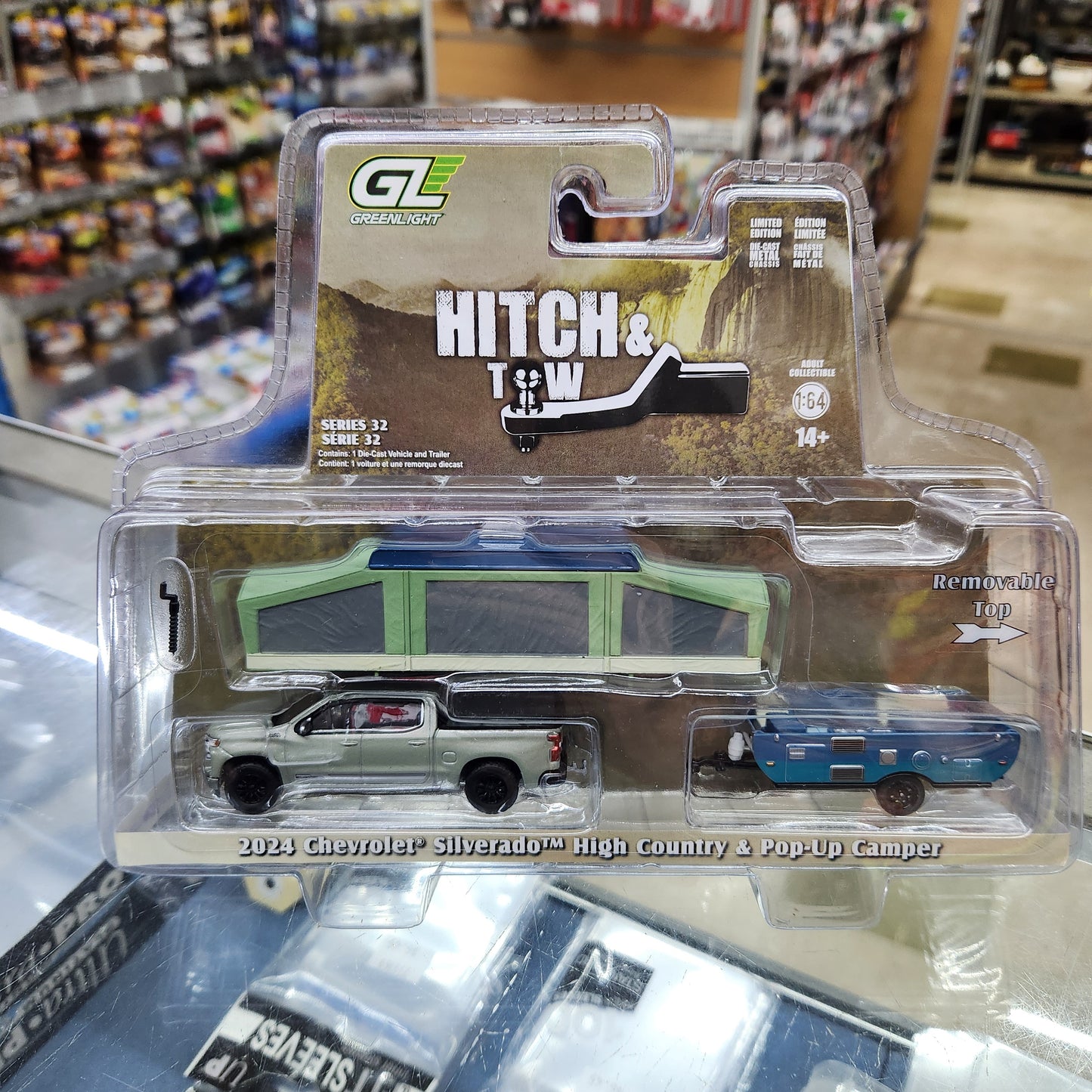 Greenlight - 'Hitch & Tow' Series 32 - 2024 Chevrolet Silverado (Grey) with Pop-Up Camper