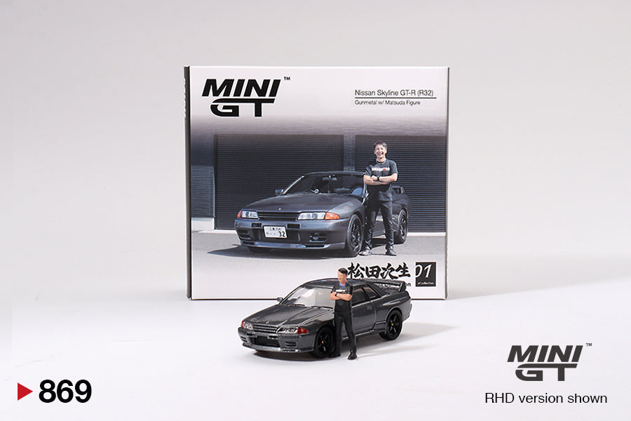 MiniGT - Nissan Skyline GT-R (R32) Gunmetal W/ Matsuda Figure (Tsugio Matsuda Collection)