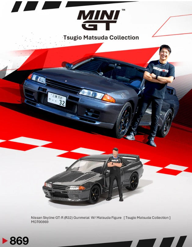 MiniGT - Nissan Skyline GT-R (R32) Gunmetal W/ Matsuda Figure (Tsugio Matsuda Collection)