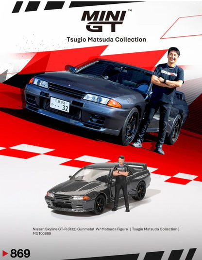 MiniGT - Nissan Skyline GT-R (R32) Gunmetal W/ Matsuda Figure (Tsugio Matsuda Collection)