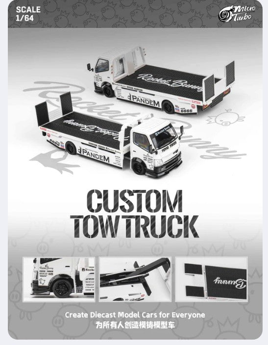 Micro Turbo - Custom Flat Bed Tow Truck 'Rocket Bunny' (White) - 1:64 Scale