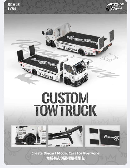 Micro Turbo - Custom Flat Bed Tow Truck 'Rocket Bunny' (White) - 1:64 Scale