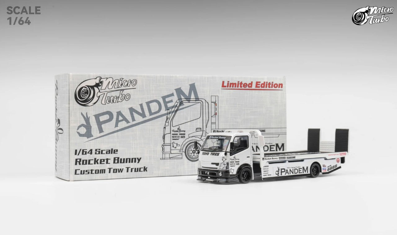 Micro Turbo - Custom Flat Bed Tow Truck 'Rocket Bunny' (White) - 1:64 Scale
