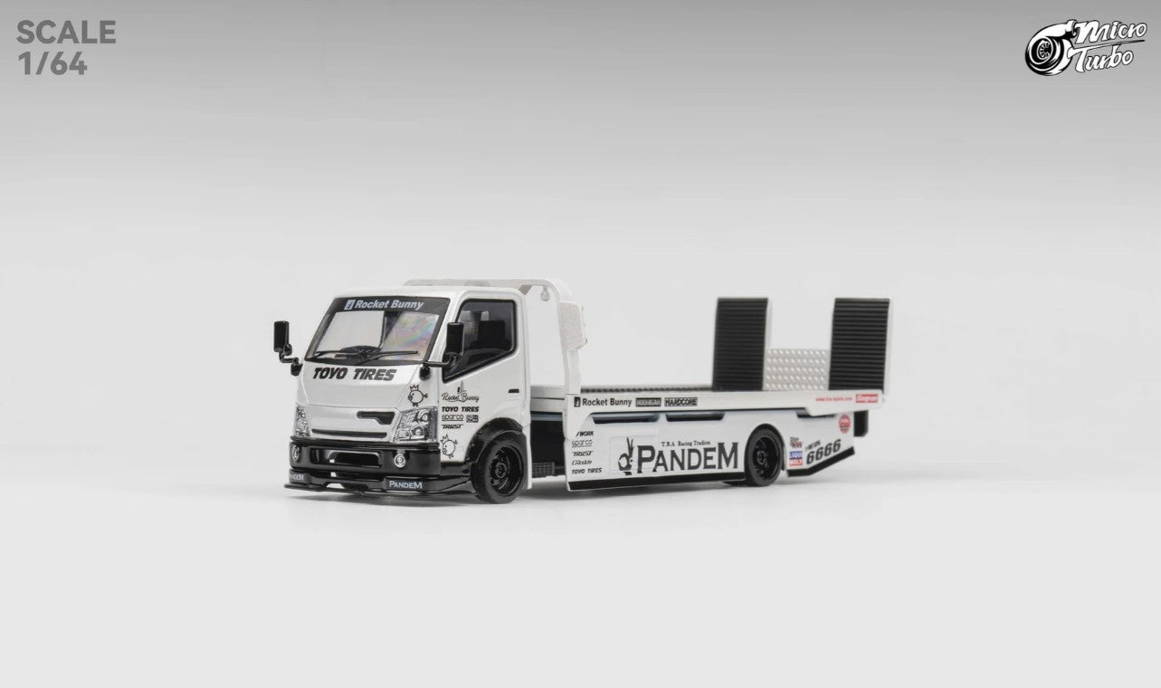 Micro Turbo - Custom Flat Bed Tow Truck 'Rocket Bunny' (White) - 1:64 Scale
