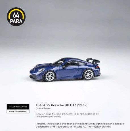 Para64 - 2025 Porsche 911 GT3 (992.2) Gentian Blue Metallic - 1:64 Scale
