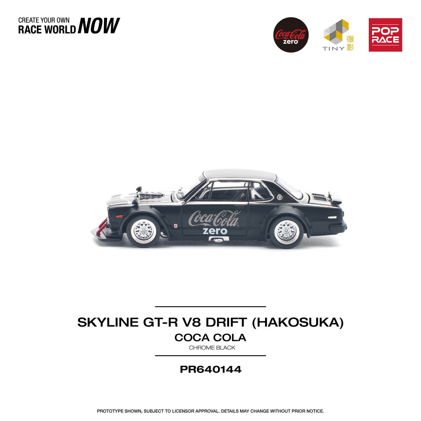 Pop Race - Nissan Skyline GT-R V8 Drift 'Hakosuka 'Coca Cola' (Chrome Black) - 1:64 Scale