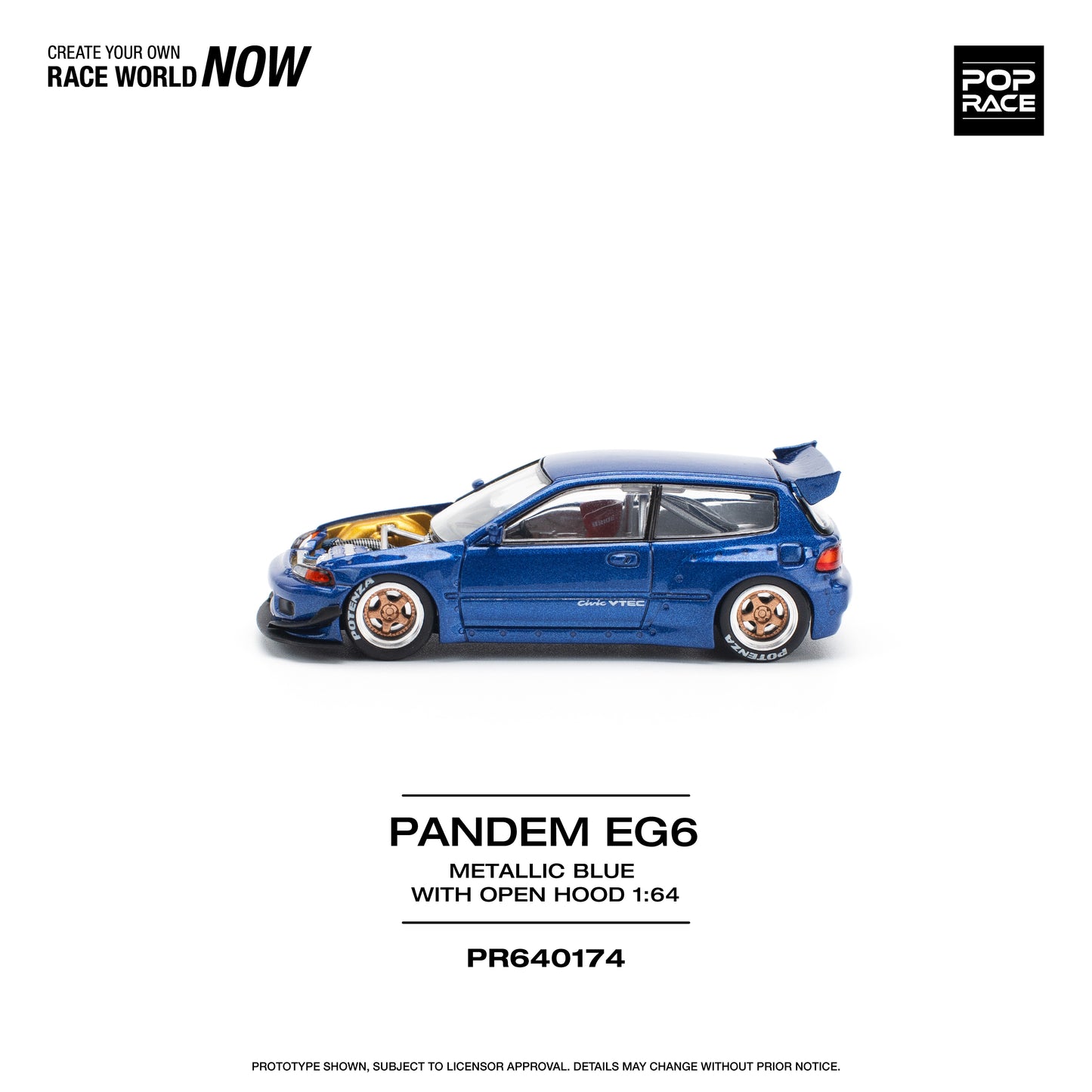 Pop Race - Honda Civic 'Pandem' EG6 with Open Hood (Metallic Blue) - 1:64 Scale