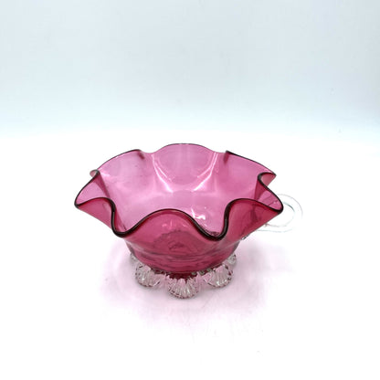 Handblown Cranberry Glass Bowl w/ Handle - 15cm