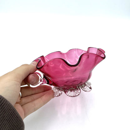 Handblown Cranberry Glass Bowl w/ Handle - 15cm