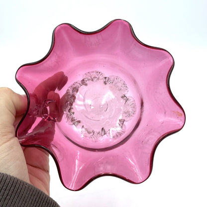 Handblown Cranberry Glass Bowl w/ Handle - 15cm