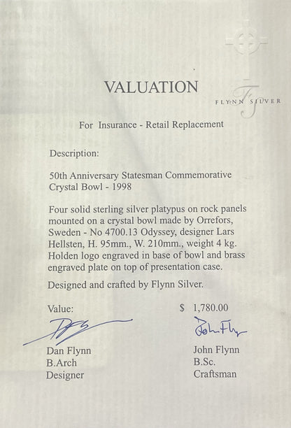 Orrefors Crystal & Sterling Silver Bowl for Holden 1998 Statement Anniversary Edition Car - 21cm