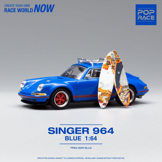 Pop Race - Porsche 911 (964) 'Singer' Blue with Wakeboards - 1:64 Scale