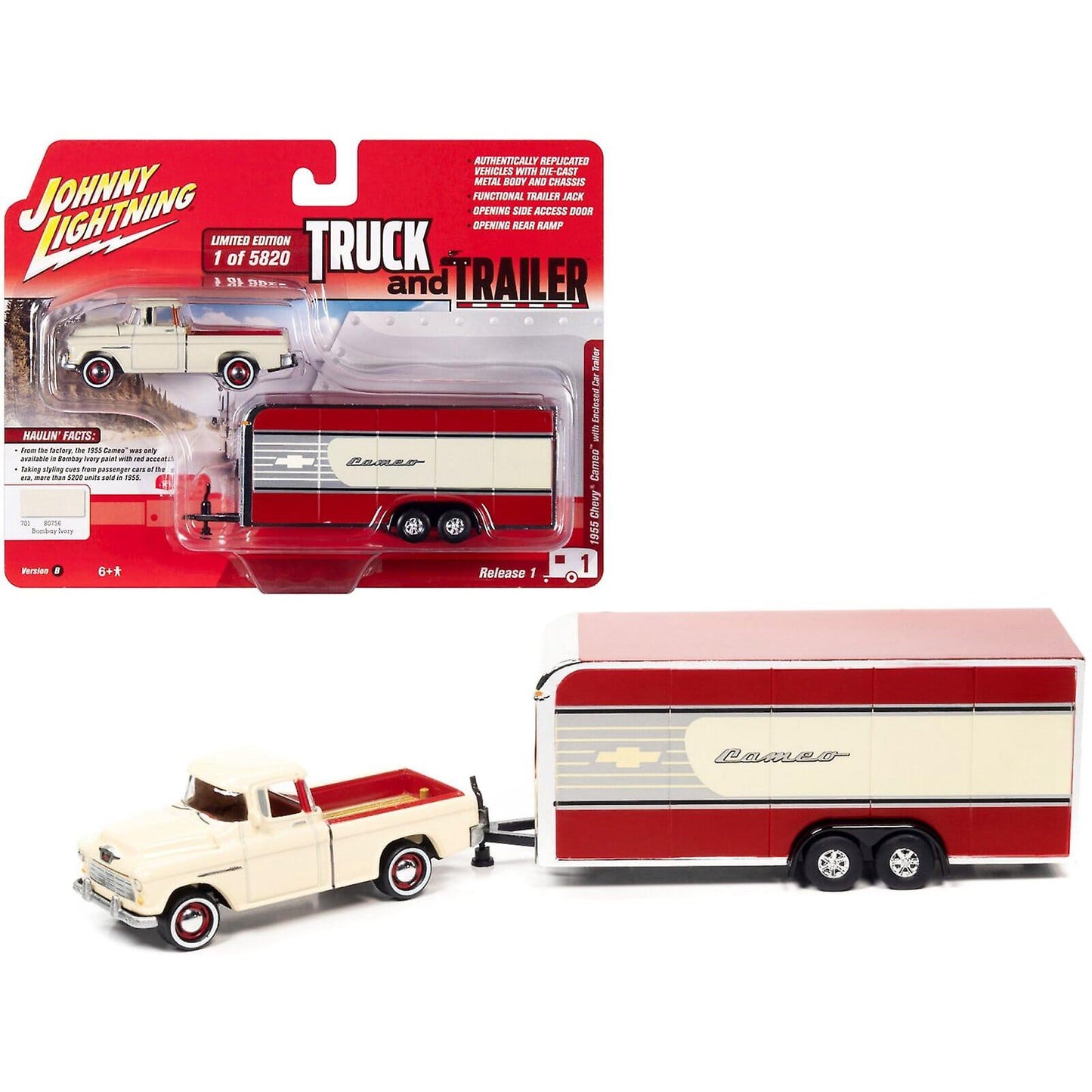 Johnny Lightning - 2021 Truck and Trailer R1 - 1955 Chevy Cameo with Trailer (Bombay Ivory)