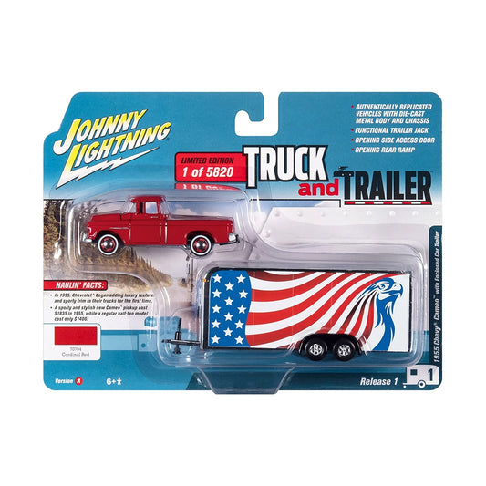 Johnny Lightning - 2021 Truck and Trailer R1 Ver A - 1955 Chevy Cameo with Trailer (Cardinal Red)