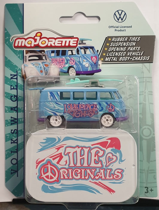 Majorette - Volkswagen Deluxe Cars 'The Originals' - VW T1 'Love Peace Music' with Blue Surfboard