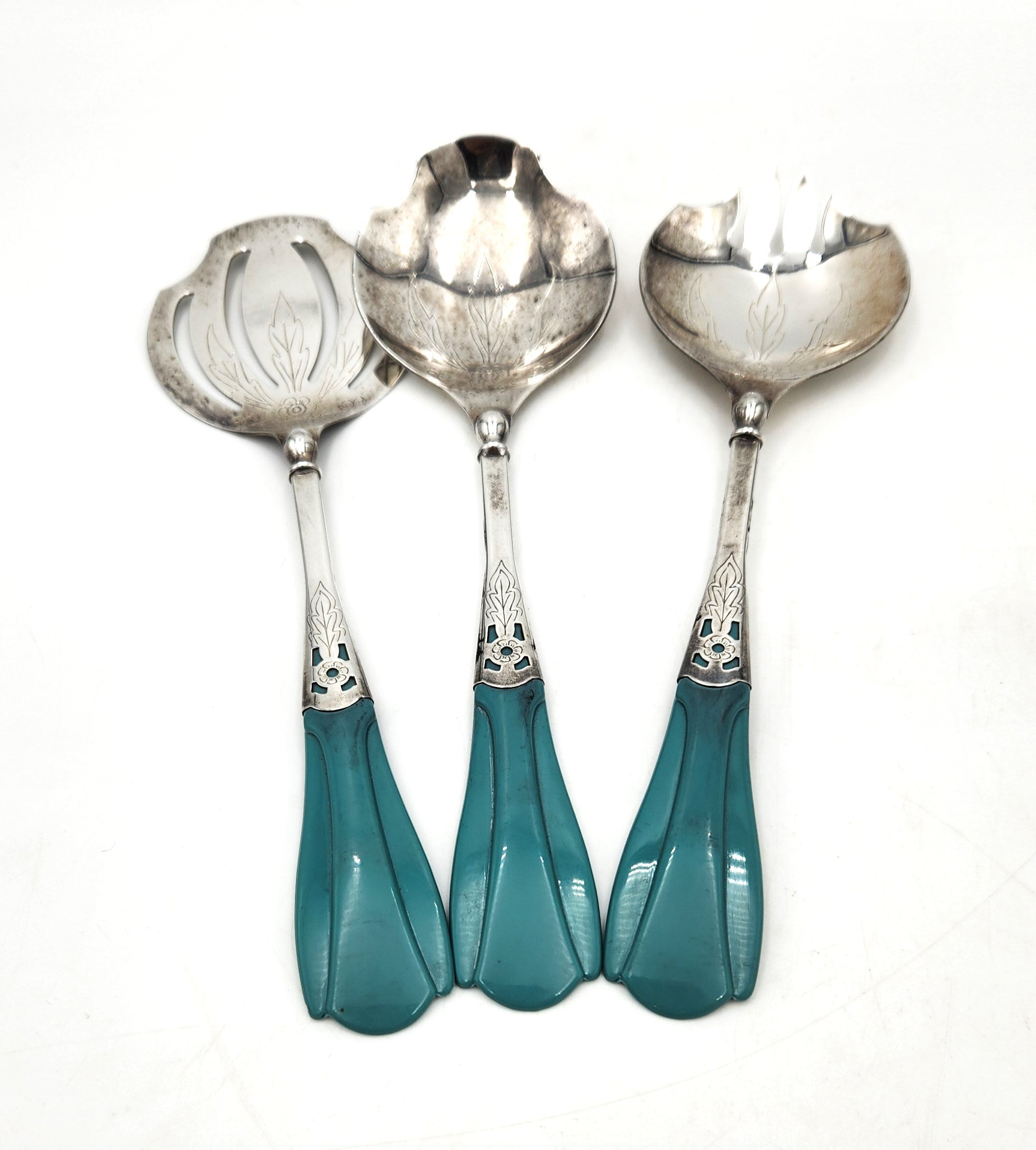 Set of 3 EPNS Blue Plastic Handled Silver Plated Salad Servers 23cm Relove Oxley Vintage