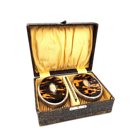 Vintage Tortoise Shell & Sterling Silver Brush and Comb Set in Box
