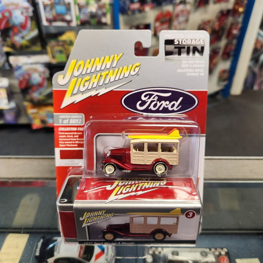 Johnny Lightning - 2023 Collector Tin R1 Vers. A - 1931 Ford Model A Woody - Candy Apple Red