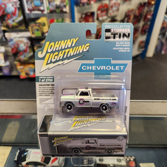 Johnny Lightning - 2023 Collector Tin R2 Vers. A - Crower Cams 1965 Chevy Pickup - Silver & White
