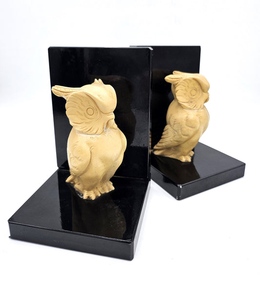 Rare Black Marble & Alabaster Deco Owl Bookends - 14.5cm