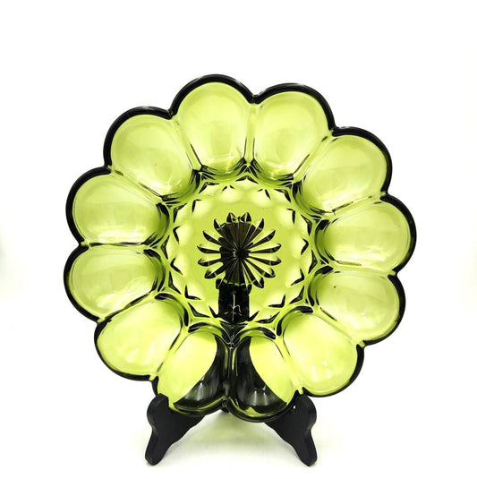 Glass Devilled Egg Plate (Olive Green) - 25cm