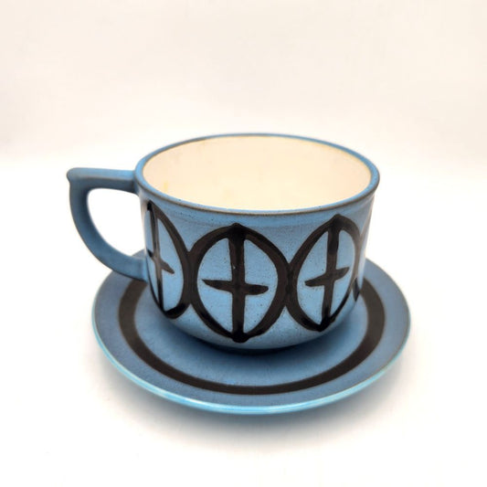 Large Blue/Black Coffee Mug with Saucer - 11cm
