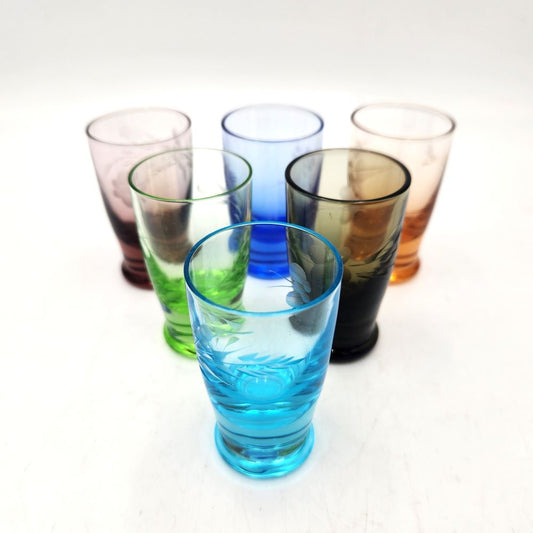 Etched Coloured Glass Shot Glasses (Set of 6) - 6cm